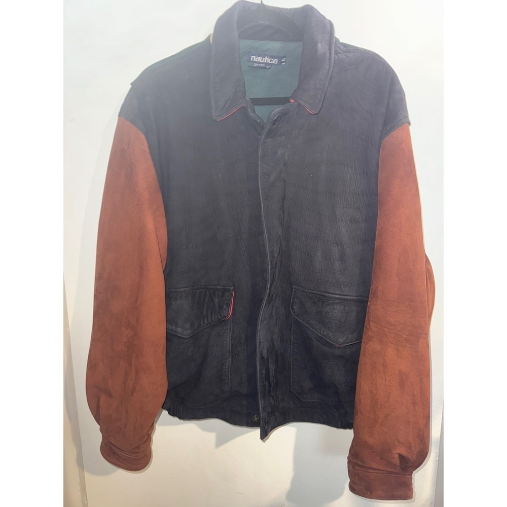 Vtg 90s Nautica Men's Sz 42/L  Colorblock Bomber Jacket Suede Leather Gloves
